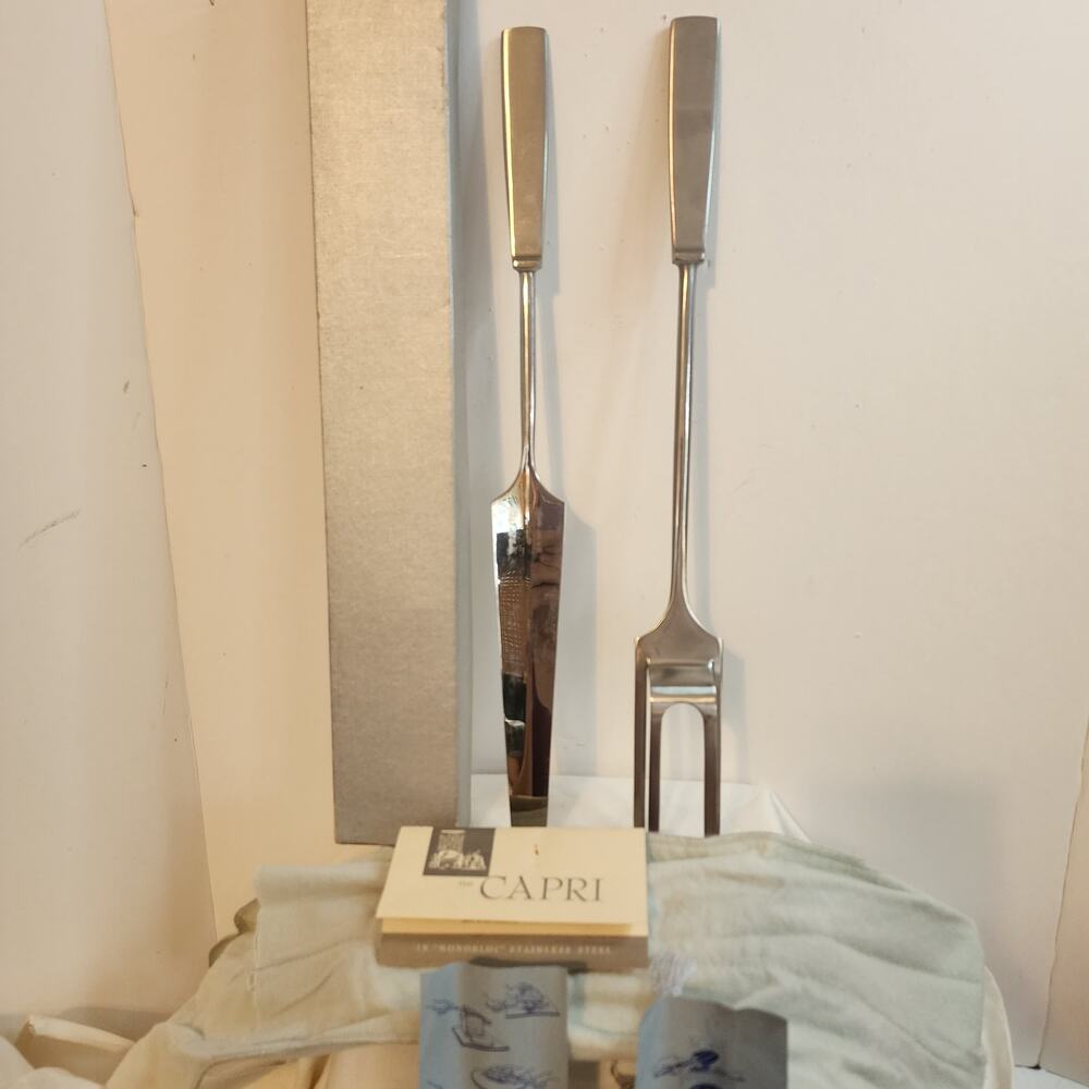 Vintage Capri Monobloc Stainless Carving Set Knife Fork w/ Box Papers 1960s